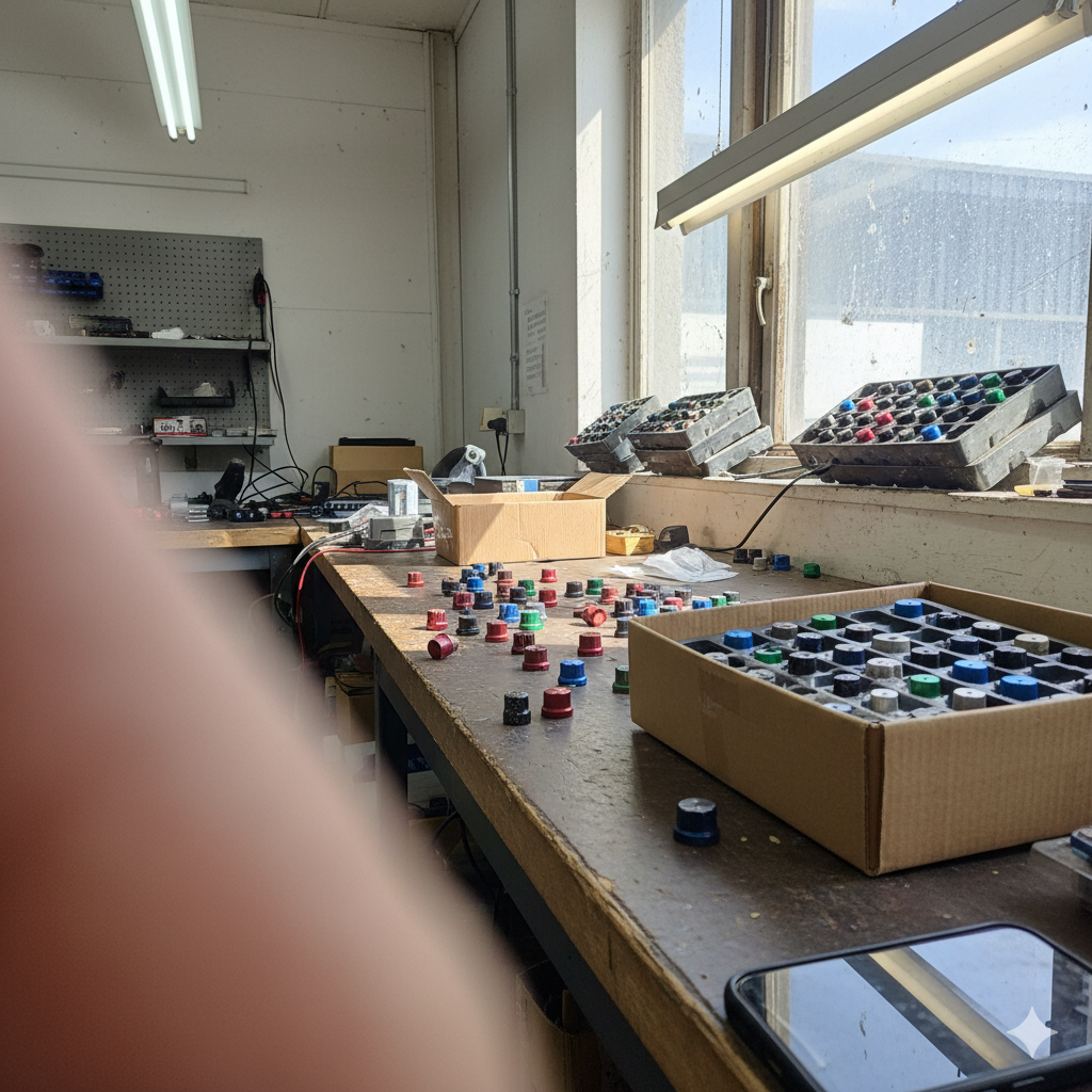 A collection of flawless, vibrantly colored anodized aluminum knobs presented in a quality inspection setting.